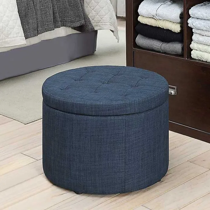 New Kirklands Home Navy Upholstered Round Shoe Storage Ottoman Blue