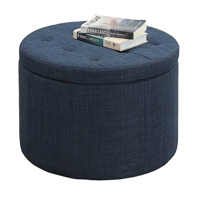 New Kirklands Home Navy Upholstered Round Shoe Storage Ottoman Blue