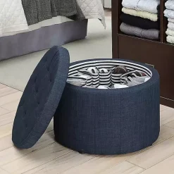 New Kirklands Home Navy Upholstered Round Shoe Storage Ottoman Blue