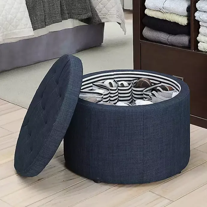 New Kirklands Home Navy Upholstered Round Shoe Storage Ottoman Blue