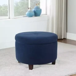 New Kirklands Home Navy Velvet Upholstered Round Storage Ottoman Blue