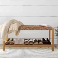 Discount Kirklands Home Newport Natural Wood and Rattan Bench with Shelf Brown