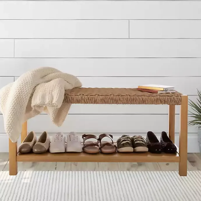Discount Kirklands Home Newport Natural Wood and Rattan Bench with Shelf Brown