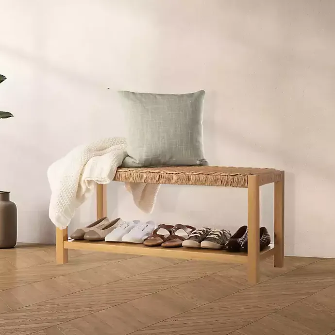 Discount Kirklands Home Newport Natural Wood and Rattan Bench with Shelf Brown