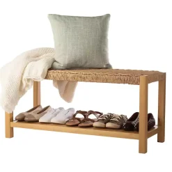 Discount Kirklands Home Newport Natural Wood and Rattan Bench with Shelf Brown