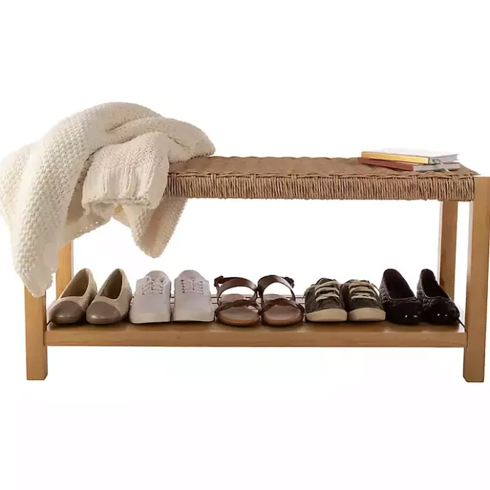 Discount Kirklands Home Newport Natural Wood and Rattan Bench with Shelf Brown