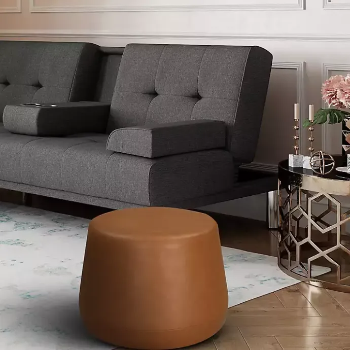 New Kirklands Home Newton Carmel Faux Leather Thimble Ottoman Brown