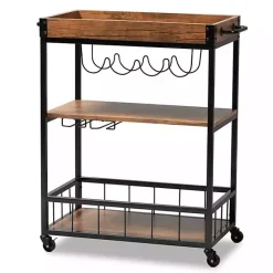 Sale Kirklands Home Oak and Black Metal Bar Cart with Bottle Rack
