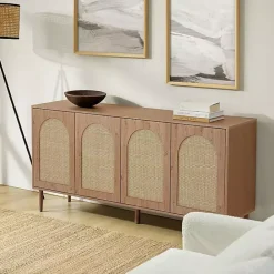 Hot Kirklands Home Oak and Natural Rattan 4-Door Sideboard Brown