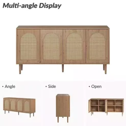 Hot Kirklands Home Oak and Natural Rattan 4-Door Sideboard Brown