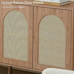 Hot Kirklands Home Oak and Natural Rattan 4-Door Sideboard Brown