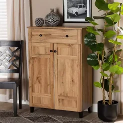 Kirklands Home Oak 2-Door Grid Shoe Storage Cabinet Tan
