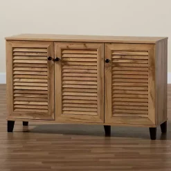 New Kirklands Home Oak 3-Door Slatted Shoe Storage Cabinet Brown