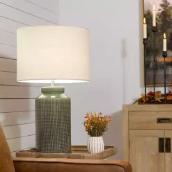 Clearance Kirklands Home Olive Green Grid Ceramic Table Lamp Tan
