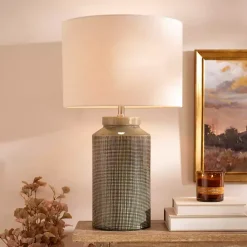 Clearance Kirklands Home Olive Green Grid Ceramic Table Lamp Tan