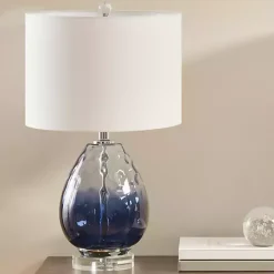 New Kirklands Home Ombre Blue Glass Teardrop Table Lamp White
