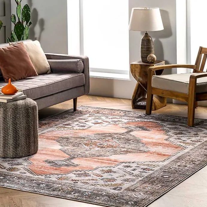 Hot Kirklands Home Orange Distressed Medallion Washable Area Rug, 4x6