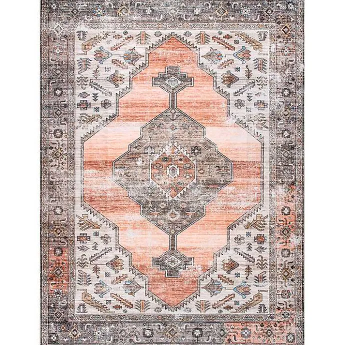 Kirklands Home Orange Distressed Medallion Washable Area Rug, 5x8