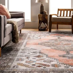 Kirklands Home Orange Distressed Medallion Washable Area Rug, 5x8