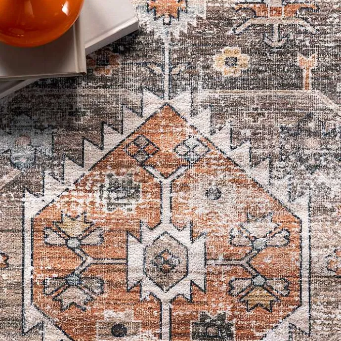 Kirklands Home Orange Distressed Medallion Washable Area Rug, 5x8