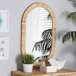 Kirklands Home Oval Mahogany and Rattan Wall Mirror