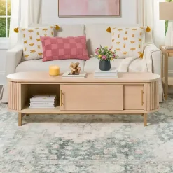 Outlet Kirklands Home Oval Ribbed Sliding Doors Coffee Table Tan
