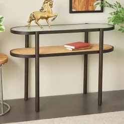 Clearance Kirklands Home Rattan and Glass 2-Tier Console Table