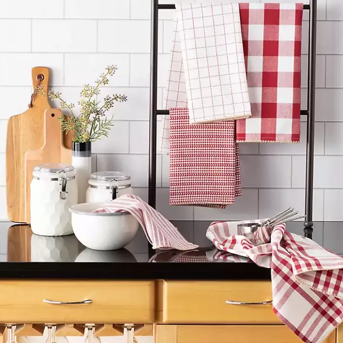 New Kirklands Home Red & White Woven Patterns 5-pc. Dish Towel Set