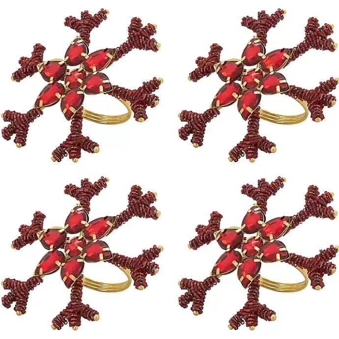 New Kirklands Home Beaded Snowflake Napkin Rings, Set of 4 Red