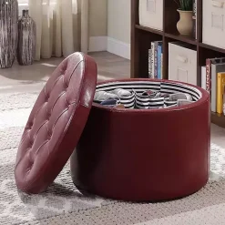 New Kirklands Home Faux Leather Round Shoe Storage Ottoman Red