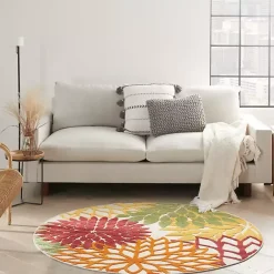 Discount Kirklands Home Red Floral Burst Outdoor Round Area Rug, 5 ft.