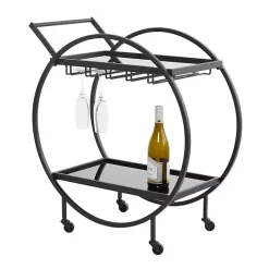 Kirklands Home Round Metal and Glass 2-Ter Bar Cart Black