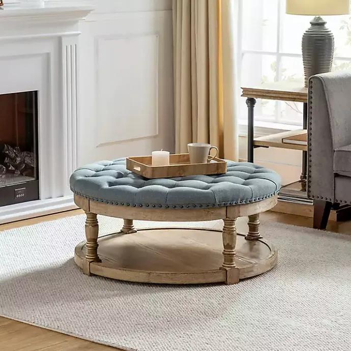 New Kirklands Home Round Cepheus Tufted Ottoman Blue