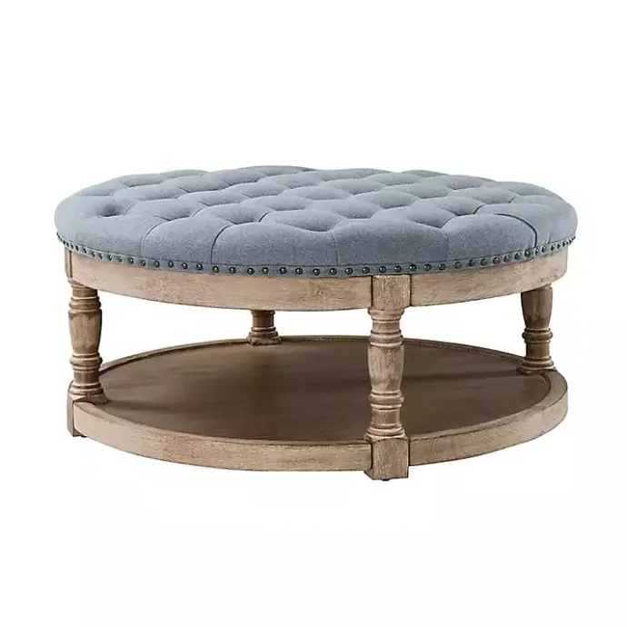New Kirklands Home Round Cepheus Tufted Ottoman Blue