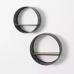 Online Kirklands Home Round Boho Black Metal Wall Shelves, Set of 2