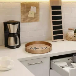 New Kirklands Home Round Wood Coffee Bar Tray Brown