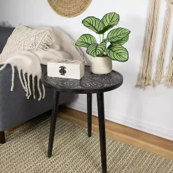 Online Kirklands Home Round Charcoal Floral Engraved Accent Table Black