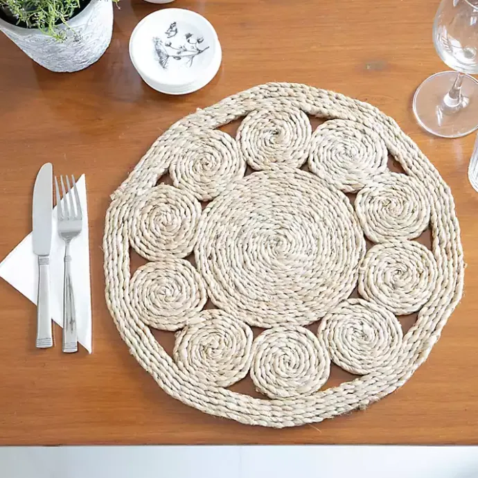 New Kirklands Home Round Decorative Braided Jute Placemats, Set of 2 Tan