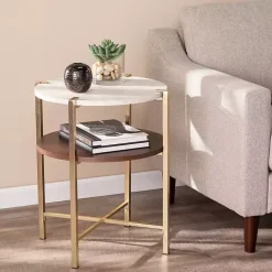 New Kirklands Home Round Gold 2-Tier Accent Table White