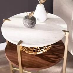 New Kirklands Home Round Gold 2-Tier Accent Table White