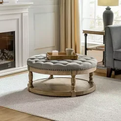 Kirklands Home Round Cepheus Tufted Ottoman Gray