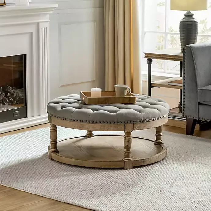 Kirklands Home Round Cepheus Tufted Ottoman Gray