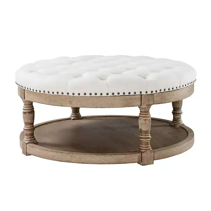 Discount Kirklands Home Round Cepheus Tufted Ottoman Ivory