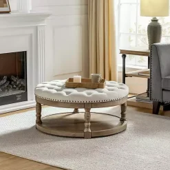 Discount Kirklands Home Round Cepheus Tufted Ottoman Ivory