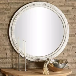 Kirklands Home Round Whitewash Beaded Wall Mirror