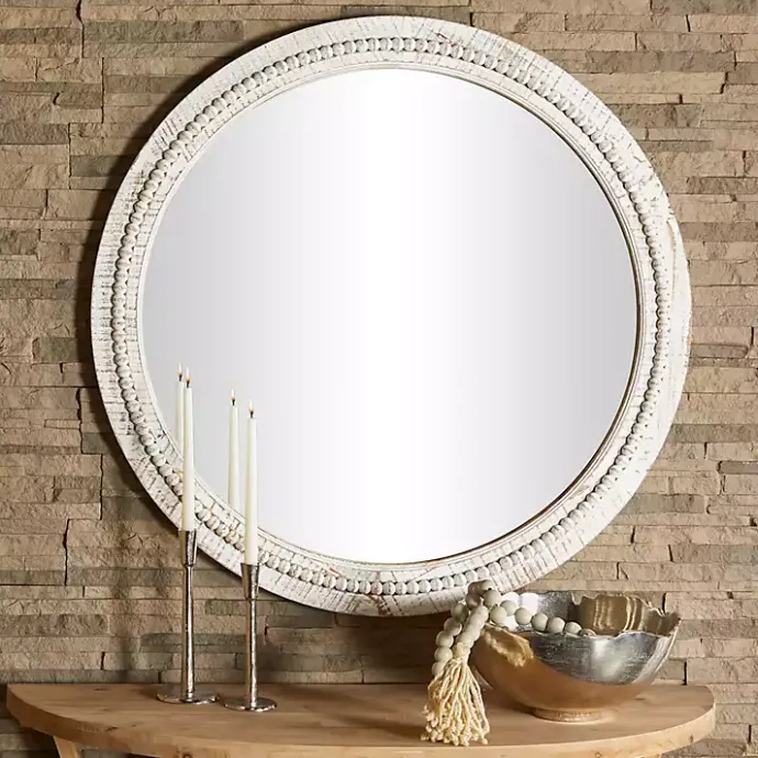 Kirklands Home Round Whitewash Beaded Wall Mirror