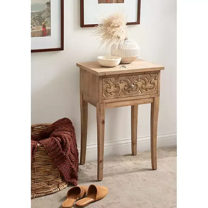 Outlet Kirklands Home Rustic Ornate Carved Wood Accent Table Brown