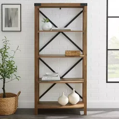 New Kirklands Home Rustic Oak Metal X Frame Back Bookshelf Brown