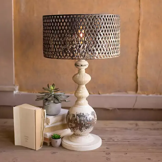 Best Kirklands Home Rustic White Table Lamp with Woven Metal Shade Brown