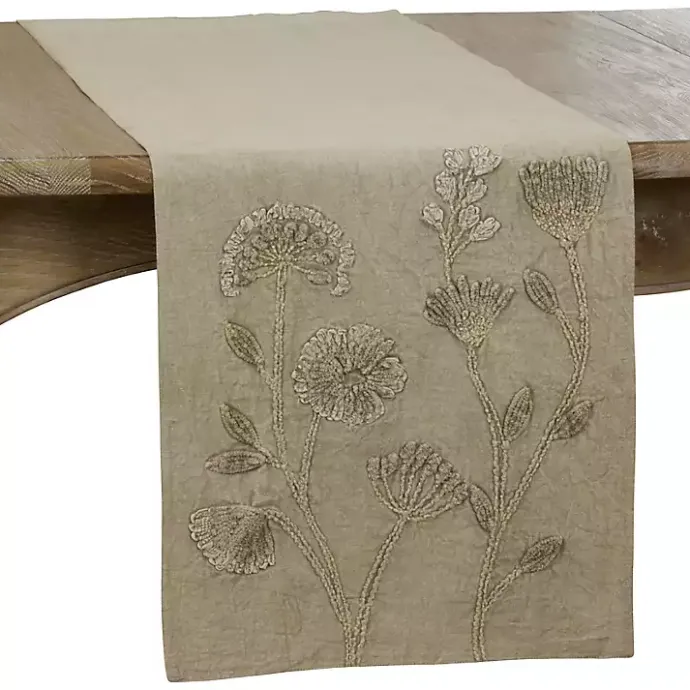 New Kirklands Home Sand Beige Floral Embroidered Table Runner Tan